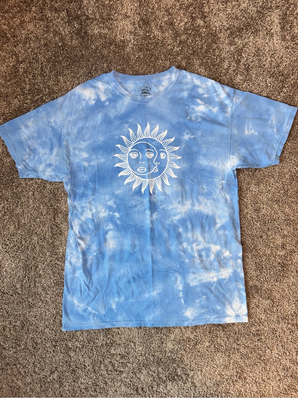 100% Cotton Large Unisex Blue Tie-Dye Sun and Moon Short Sleeve Graphic Tee Boho